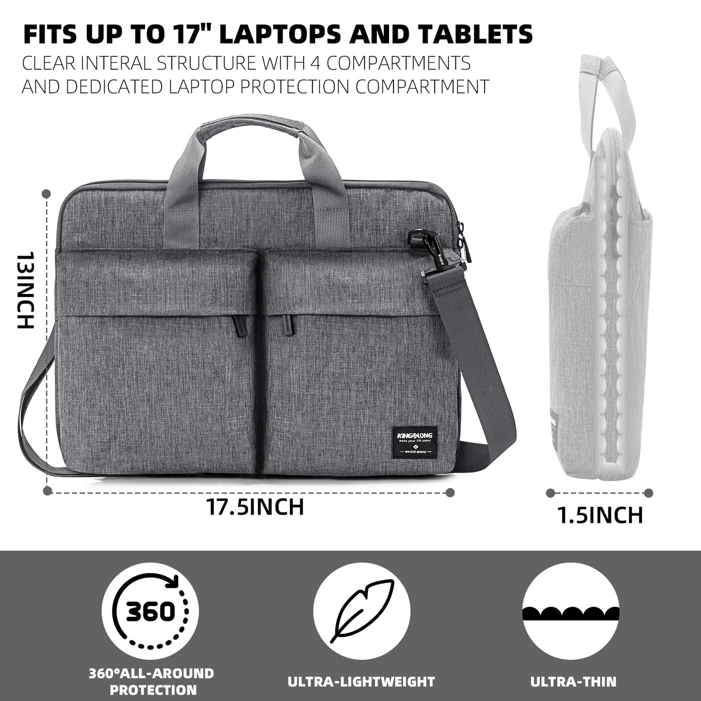 KINGSLONG Slim 17.3 inch Laptop Bag Sleeve Carrying Case with Shoulder Strap, Notebook Ultrabooks Computer Handbag Cover for Men Women Fit for Acer Asus Lenovo HP Toshiba Grey