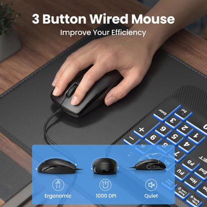 TECKNET Wired Keyboard and Mouse Combo, 7 Color Backlit Large Print Ergonomic Keyboard with Wrist Rest, Soft Typing, USB Plug & Play, Silent Keyboard Mouse Set for PC, Mac, Laptop, Blue