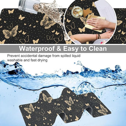 Golden Butterflies Desk Mat,Large Butterfly and Round Spots Gaming Keyboard Mouse Pad,Non-Slip Rubber Base Desk Pad Thick Stitched Edges Waterproof Mousepad Mouse Mat 31.5"x11.8"