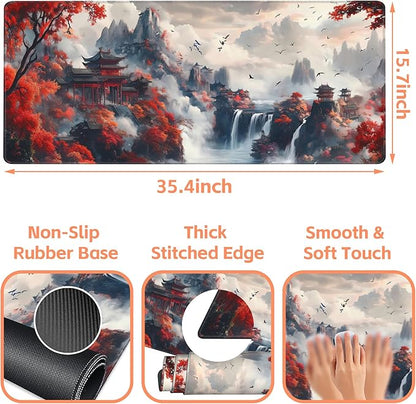 Mouse Pad Large Chinese-Style Landscape Painting Non-Slip Gaming Desk Mat with Stitched Edge Laptop Keyboard Desk Pad for Work Home Gaming (35.4 x 15.7 Inches)