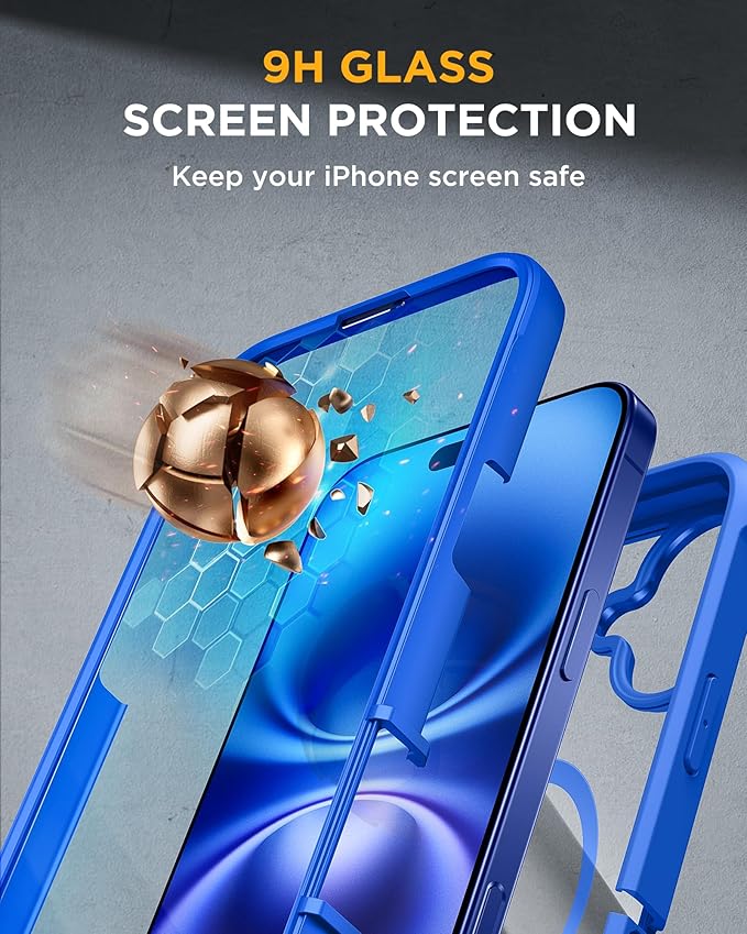 Miracase for iPhone 16 Case 6.1'', [Bubble Free] Full-Body Bumper Phone case with Built-in Full Glass Screen &Lens Protector,No Gap,Compatible with MagSafe,Drop Proof 16 Cover,Blue