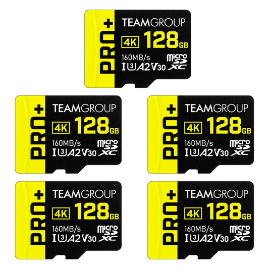 TEAMGROUP A2 Pro Plus Card 128GB x 5 Pack Micro SDXC UHS-I U3 A2 V30, R/W up to 160/110 MB/s for Nintendo-Switch, Gaming Devices, Tablets, Smartphones, 4K Shooting, with Adapter TPPMSDX128GIA2V3003