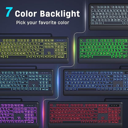 Large Print Keyboard - 7 Interchangeable Backlight Colors, Light Up USB Wired Computer Keyboards, USB Plug-and-Play, Foldable Stands, Corded Full Size Keyboard for Windows, PC, Laptop