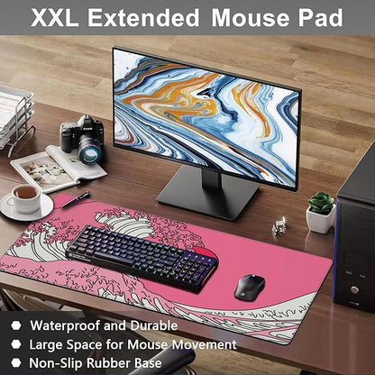 Mouse Pad, Large Great Wave in Vaporwave Pop Art Desk Mat, Extended Non-Slip Gaming Keyboard Mousepad Desk Pad, Thick Stitched Edges Waterproof Mouse Mat 31.5"x15.7" (Ocean's Crest Leap)