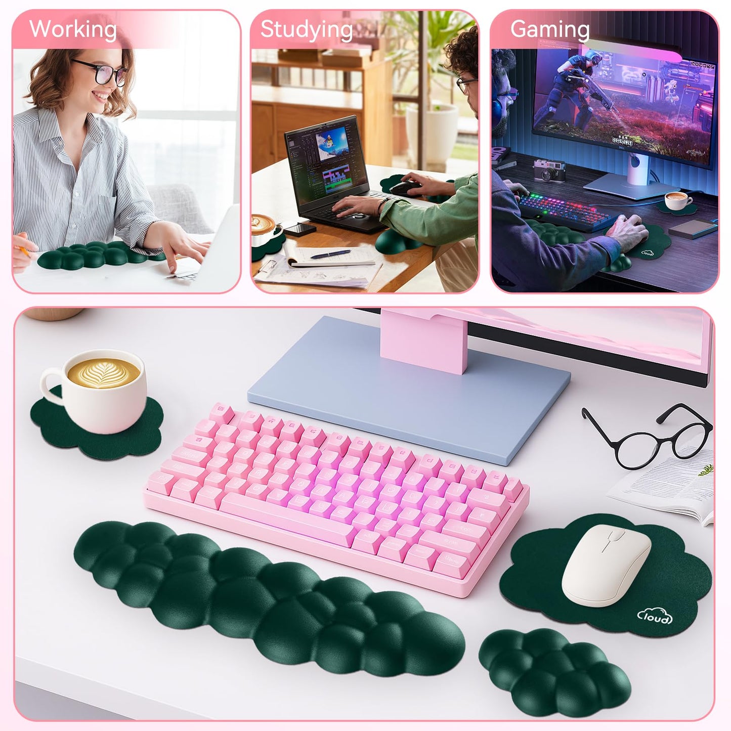 Sushret Cloud Wrist Rest for Computer Keyboard and Mouse Pad Set,Dark Green