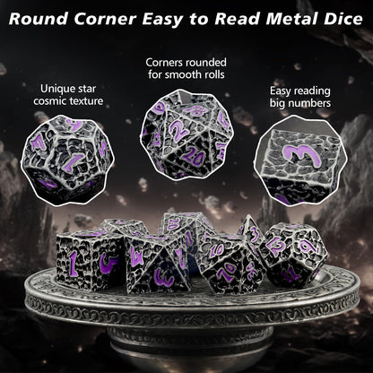 PJOY Metal Dice Set D&D for Dungeons and Dragons Dice with Case Meteorite Iron Purple 7PCS 16mm Role Playing Cool DND Gifts for Players DM Board Game Masters Wizards