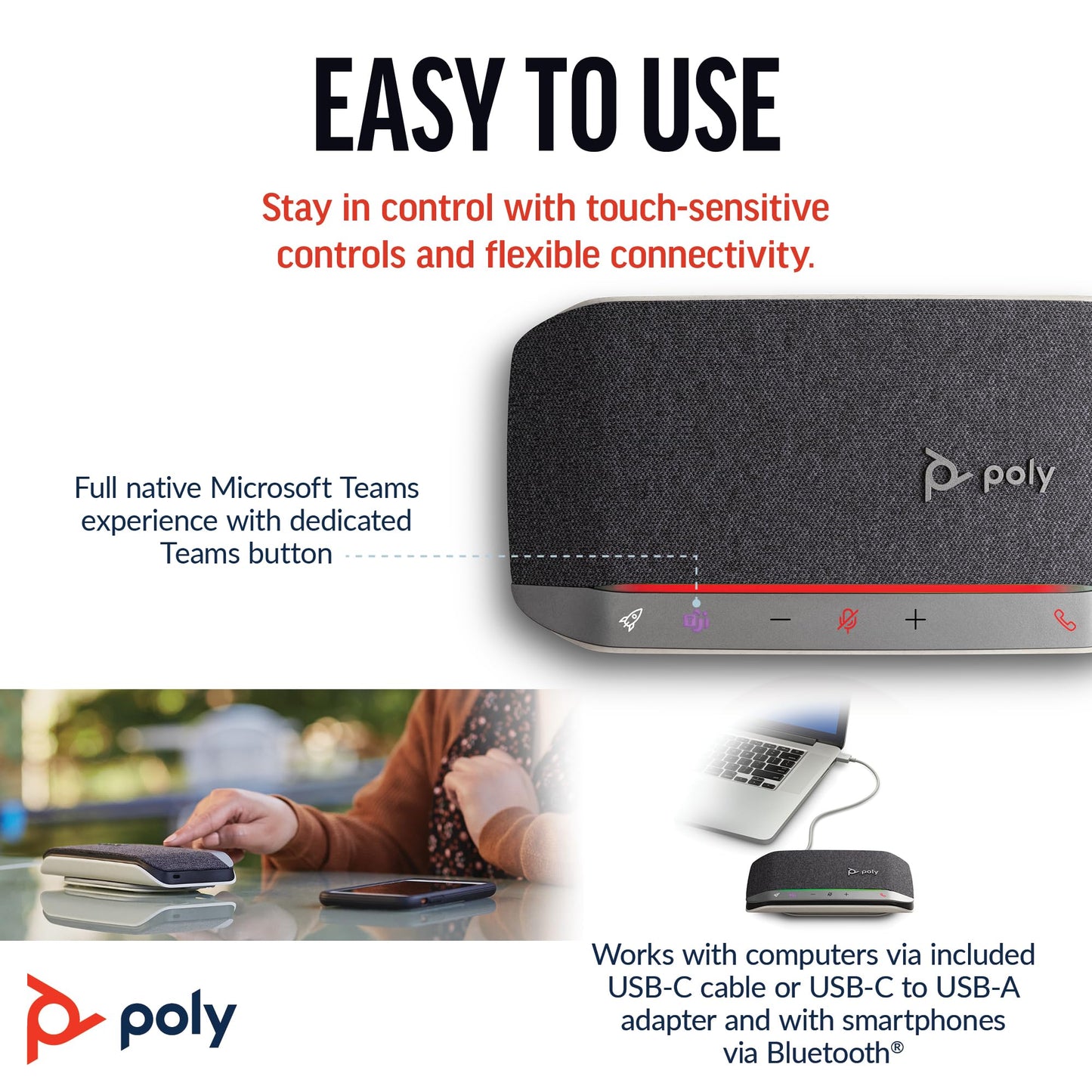 Poly Sync 20 USB-C Personal Portable Smart Speakerphone (Plantronics) – Long Battery Life – Noise/Echo Reduction -Works w/Teams (Certified), Zoom, PC, Mac, Mobile – Amazon Exclusive