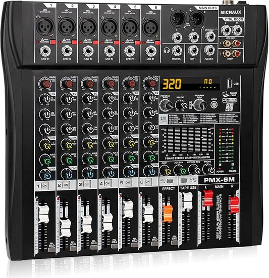 Audio Mixer 6 Channel Professional Mixer Console with 320 DSP Effects, 7-band EQ Sound Mixing Board Digital DJ Mixer w/USB Bluetooth MP3 for Recording, Independent 48V Power & Mute Button