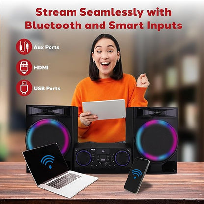 Pyle Mini Hi-Fi Bluetooth Stereo System – 3-Piece CD Player with Speakers, MP3, FM Radio, USB Recording, Subwoofer, DSP-Tech, Equalizer Settings, Compact Home Stereo System with Remote Control (Black)