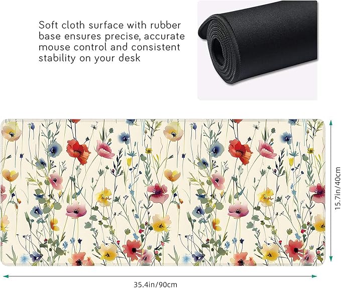 Wild Flowers Large Mouse Pad,Gaming Keyboard Desk Pad,Extended Mouse Mat Non-Slip Rubber Base with Stitched Edges for Office Game Home XXL 35.4"x15.7"