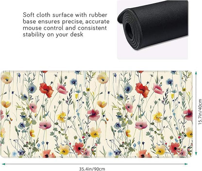 Wild Flowers Large Mouse Pad,Gaming Keyboard Desk Pad,Extended Mouse Mat Non-Slip Rubber Base with Stitched Edges for Office Game Home XXL 35.4"x15.7"