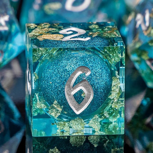 ARUOHHA Liquid Core DND Dice Set, 7pcs Resin Sharp Edged Dragons Dice RPG Role Playing Games, Silver Numbers Blue Dungeons Polyhedral Dice with Gift Box D20 D12 D10 D8 D6 D4