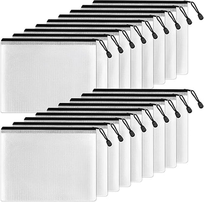 SUNEE Plastic Mesh Zipper Pouch 6x9 in (Black, 18 Packs),Extra Large Water-Resistant Zip Bag for School Office Supplies, Puzzles & Games Organizing Storage