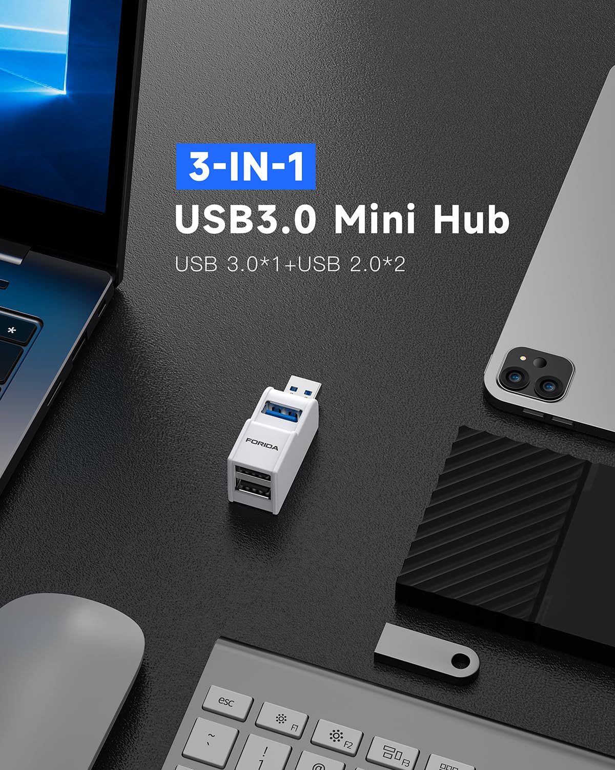 Mini USB Hub 3-Port USB Splitter 1 in 3 Out, Data USB Expander Adapter
