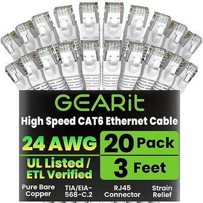 GEARit Cat 6 Ethernet Cable (20-Pack 3 Feet) Cat6 Network Patch, 10Gbps, RJ45, Snagless Cord, Gold-Plated Connectors, Internet for PC, TV, Tablet, Router, Printer, Servers, IT Data Center - White