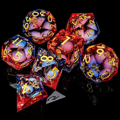 ARUOHHA Liquid Core DND Dice Set, 7pcs Resin Sharp Edged Dragons Dice Compatible with D&D Role Playing Games, RPG Golden Numbers Blue Red Dungeons Polyhedral D and D Dice with Gift Box D20 D10 D6