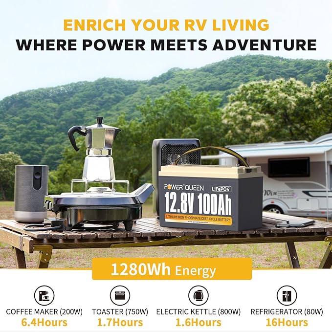 Power Queen 12.8V 100Ah LiFePO4 Battery with 14.6V 20A LiFePO4 Battery Charger; Built-in 100A BMS, Fast and Fully Charged, 4000+ Cycles, Perfect for RV, Trailer, Camping, Solar System