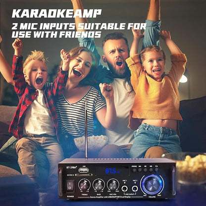 Stereo Audio Amplifier, 300W Home 2 Channel Wireless Bluetooth 5.0 Power Amplifier System, Home Amplifiers FM Radio, USB, SD Card, with Remote Control Home Theater Audio Stereo System