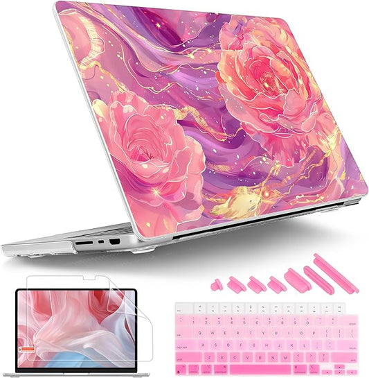 Tuiklol for MacBook Pro 14 Inch Case 2024-2021 Release M4 A3112 A3401 A3185/M3 A2918 A2992/M2 A2779/M1 A2442 Pro/Max,Hard Shell Case with Keyboard Cover & Screen Protector for Touch ID,Pink Roses