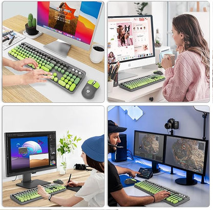 Wireless Keyboard and Mouse Combo, 104 Round Keys Cute Colorful Keyboard and Mouse with Retro Typewriter for PC/Mac/Laptop/Tablet/Computer/Windows Gray Green
