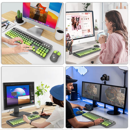 Wireless Keyboard and Mouse Combo, 104 Round Keys Cute Colorful Keyboard and Mouse with Retro Typewriter for PC/Mac/Laptop/Tablet/Computer/Windows Gray Green