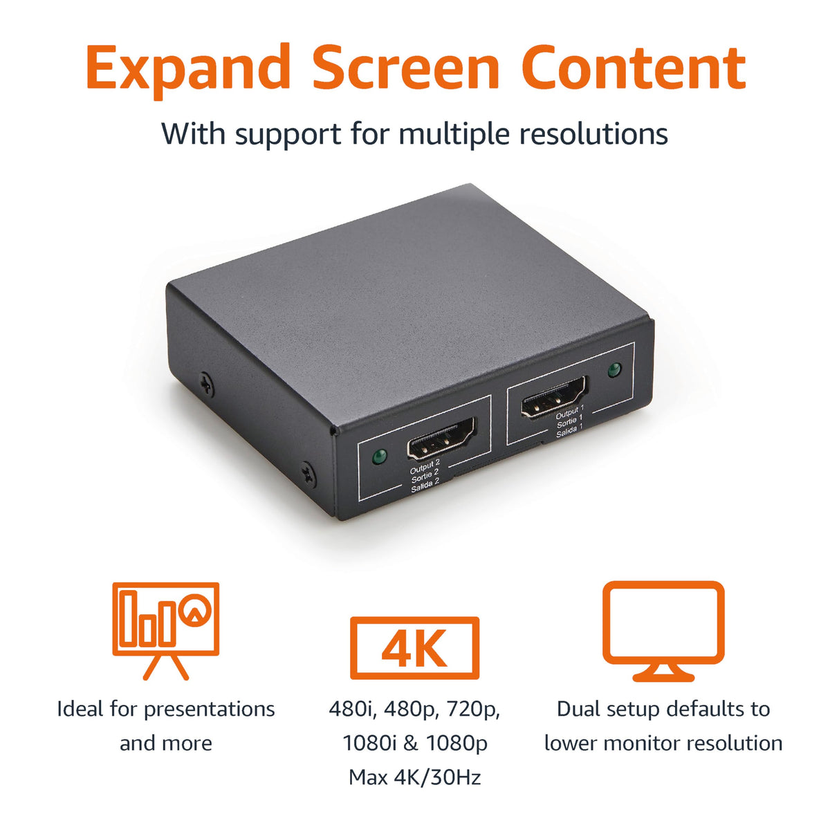Amazon Basics HDMI Splitter 1 in 2 Out for Dual Monitors, 4K@30Hz, 1080P, Mirror Only, Black
