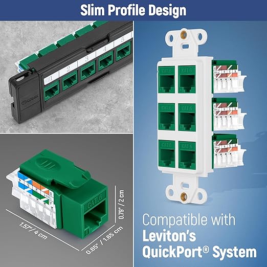 Everest 45° Angled RJ45 Cat6 Keystone Jacks 100-Pack in Green - Slim Profile Female RJ45 Connectors - Cat 6 Keystone Jack - Compatible with 45° Angled Speed Termination Tool - 45Term (B0BL3GS7ZY)