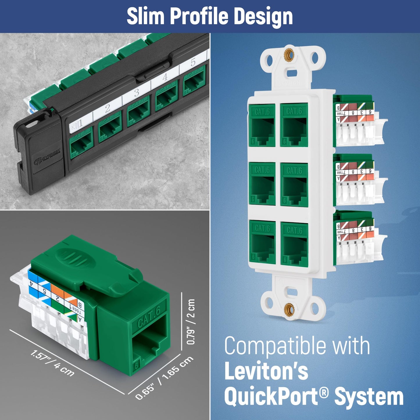 Everest 45 Degree RJ45 Cat6 Keystone Jacks Slim Profile 100-Pack Green