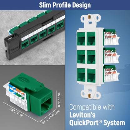 Everest 45 Degree RJ45 Cat6 Keystone Jacks Slim Profile 100-Pack Green