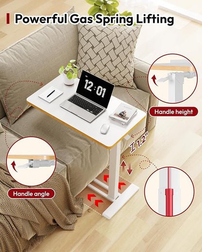 SANODESK Medical Adjustable Overbed Bedside Table with Casters 90° Tilt Top Pneumatic Mobile Rolling Laptop Computer Standing Desk Cart with Tray, Hospital and Home Use(31.5" W x 17.7" D, White)