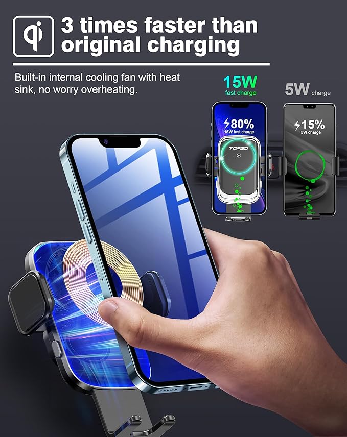 [Upgraded] TOPGO Cup Phone Mount Wireless Charger,Universal Cell Phone Holder Car Charger Wireless-Charger-Cup-Phone-Holder Fast Charging for iPhone16/16 Pro/16 Pro Max, Samsung Galaxy - Black
