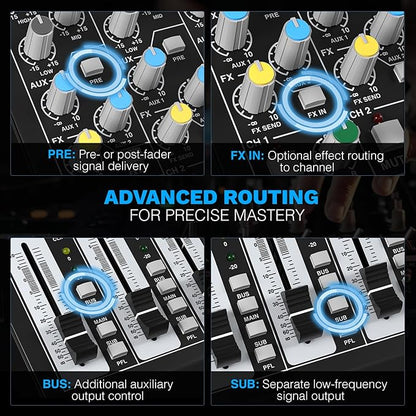 Professional 8-Channel Audio Mixer, Phenyx Pro DJ Sound Mixer Board w/Flexible AUX, BUS, SUB Routing, 16 DSP, BT Streaming & USB-B PC Recording, Mixing Console for Stage, Home Studio (PTL-800)