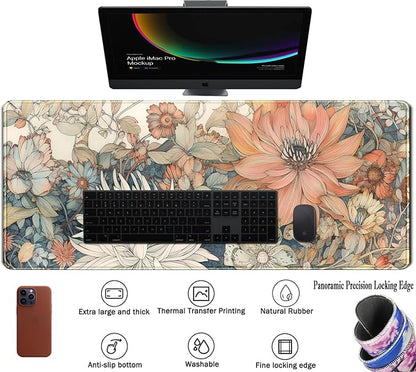 Japanese Minimalist Floral Desk Mat Aesthetic Flowers XL Large Extended Gaming Mouse Pad with Stitched Edges, Big Laptop Computer Keyboard and Mouse Mat for Girl Women Office Decor 31.5x11.8 in