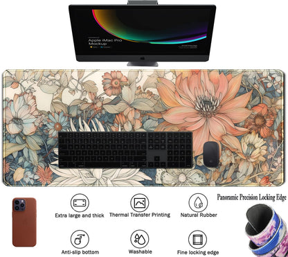 Japanese Minimalist Floral Desk Mat Aesthetic Flowers XL Large Extended Gaming Mouse Pad with Stitched Edges, Big Laptop Computer Keyboard and Mouse Mat for Girl Women Office Decor 31.5x11.8 in