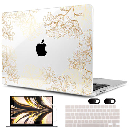 MEEgoodo Case for M5/M4/M3/M2 MacBook Air 13 inch 2026 2025 2024 2022, Fit Model A3449/A3240/A3113/A2681, Case Compatible with MacBook Air 13.6-inch, Gold Flowers Lilies