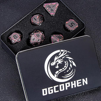 Metal DND Sci-fi Dice Set 7PCS Stripe Polyhedral Dice for Dungeons Dragons RPG Role Playing Game, Glitter D and D Dice with Gift Box D6 D8 D10 D12 D20 (Black&Purple Red)