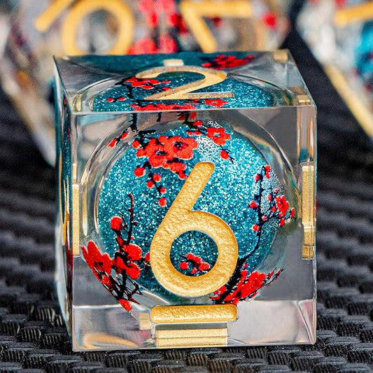 ARUOHHA DND Resin Dice Plum Blossom Liquid Core Dice Golden Blue Sharp Edged Polyhedral Dragons Dice Set with Gift Box, Dungeons D and D Dice Role Playing Game D20 D12 D10 D8 D6 D4
