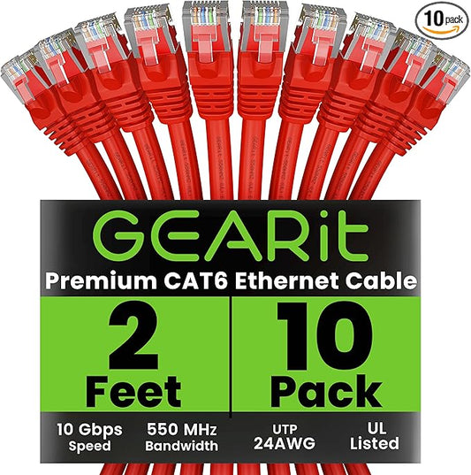 GEARit Cat 6 Ethernet Patch Cable 2 ft Red (10 Pack) Cat6 Patch Cables 2ft Red/Ethernet Patch Cable, 10Gbps 550MHz 24AWG Pure Copper, Snagless, Gold Plated RJ45 for Router, Server, Router, PC