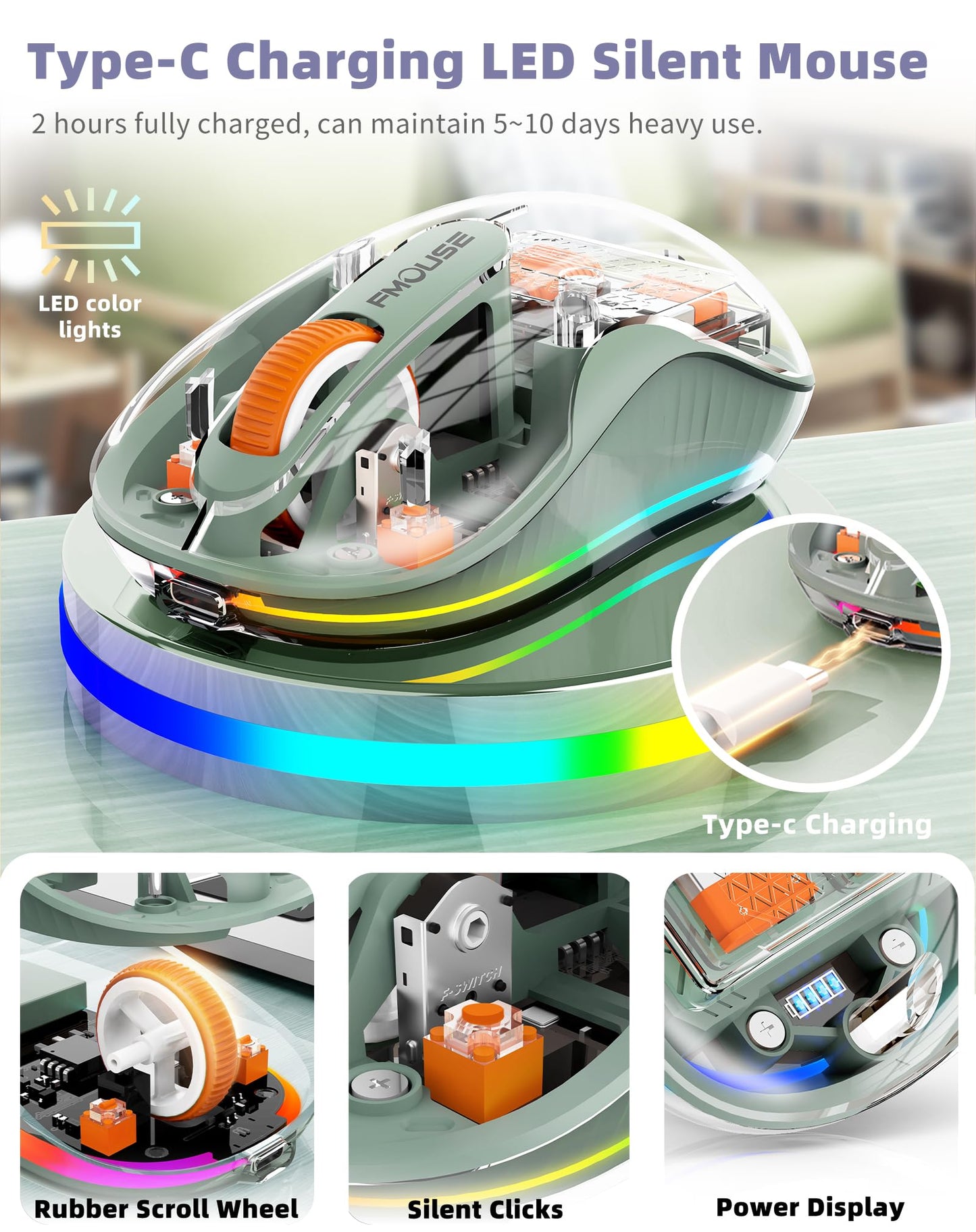 Bluetooth Wireless Mouse, Transparent RGB Tri-Modes Mouse,Bluetooth & 2.4GHz for Multi Device, USB-C Receiver Ideal for MacBook/Laptops, Rechargeable, Silent, Portable, Cool LED, Ergonomic - Green