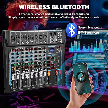 8 Channel Audio Mixer Sound Board Mixer 16 DSP Effect Audio Interfacer w/USB Drive for Computer Recording, 48V Power, XLR Microphone Jack DJ Mixer for Karaoke Studio Streaming Recording