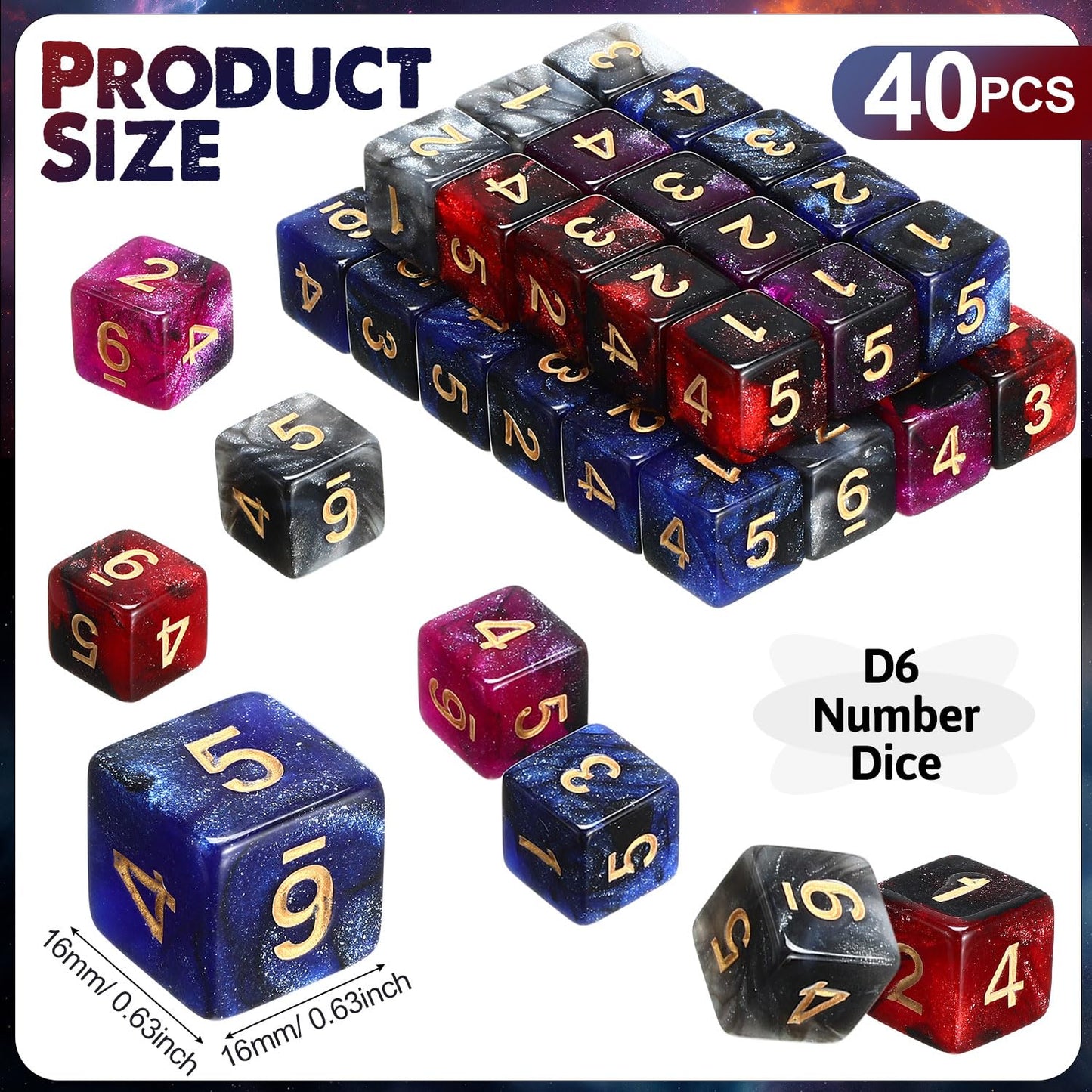 Poen 40 Pcs 16mm Dice Set Bulk, 6 Sided Standard Colored Dices with Numbers, D6 Polyhedral Games Dice for Board Games, Parties (Glitter Color)