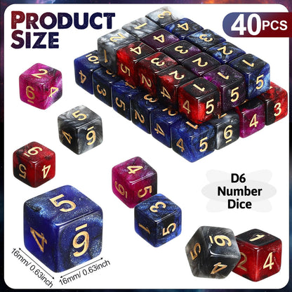 Poen 40 Pcs 16mm Dice Set Bulk, 6 Sided Standard Colored Dices with Numbers, D6 Polyhedral Games Dice for Board Games, Parties (Glitter Color)