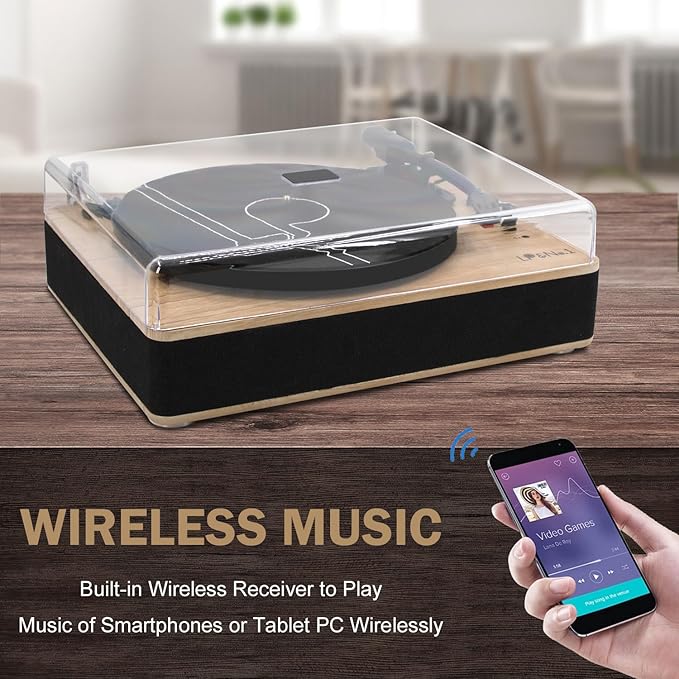 Vinyl Record Player 3-Speed Belt-Drive Turntable with Stereo Speakers and USB Play&Recording (Light Wood)