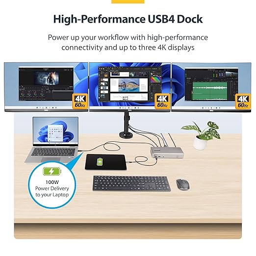 StarTech USB4 Driverless Dock, Triple 4K 60Hz, HDMI or DP, 100W, 2.5GbE