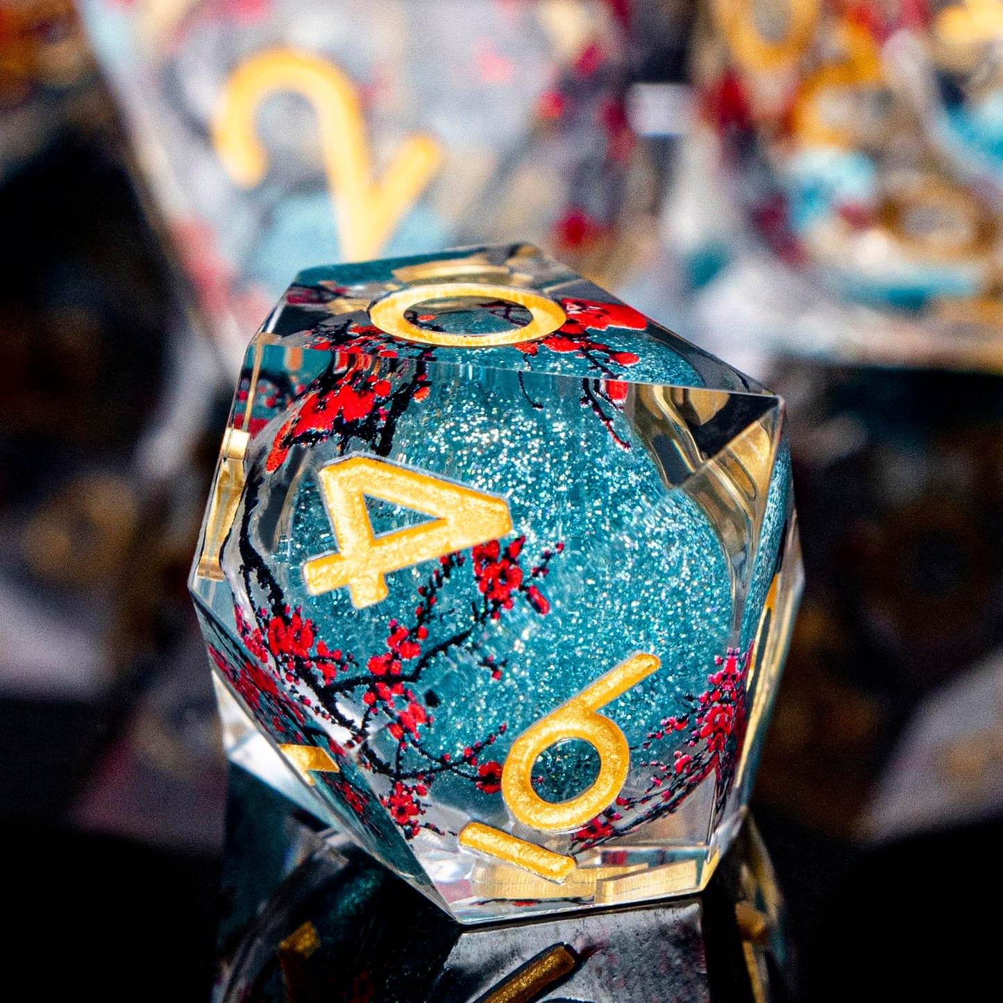 ORIFANTOU Plum Blossom DND Dice Blue Liquid Core Dice Set with Metal Box, Handmade Sharp Edge Dice D and D Polyhedral Dice for use with D&D RPG Role Playing Game ﻿