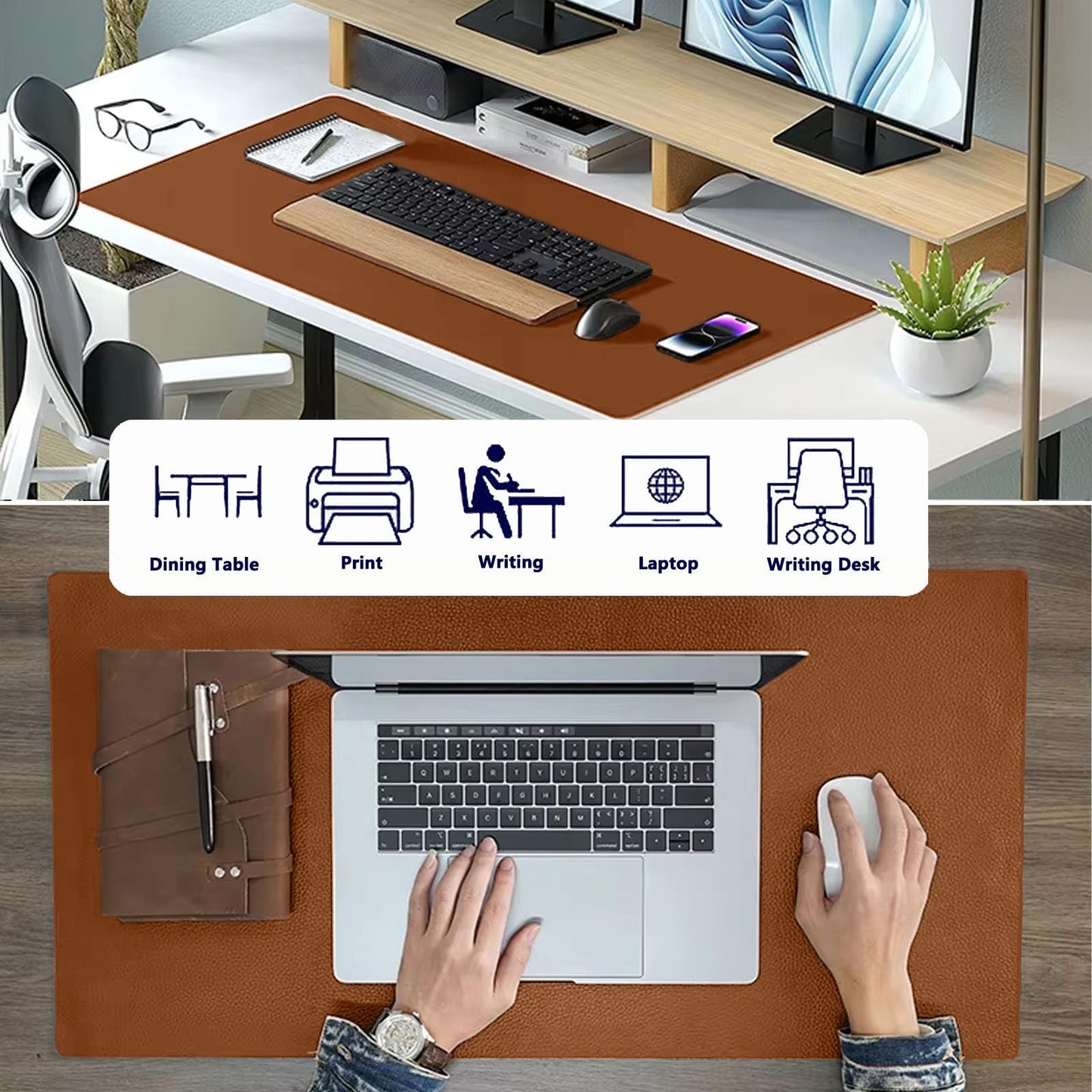 PU Leather Desk Pad Protector Gaming Mouse Pad Non Slip Desk Mat for Keyboard and Mouse Waterproof Desk Writing Pad for Office and Home Desk Accessories(Brown, 31.5 * 15.7)