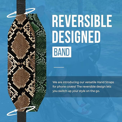 Phone Grip Strap - Pack of 2 Reversible Finger Holder for Phone Back, Customizable Anti-Slip Design, Wireless Charging Compatible Detachable Holder for iPhone - Brown & Green Snake Skin