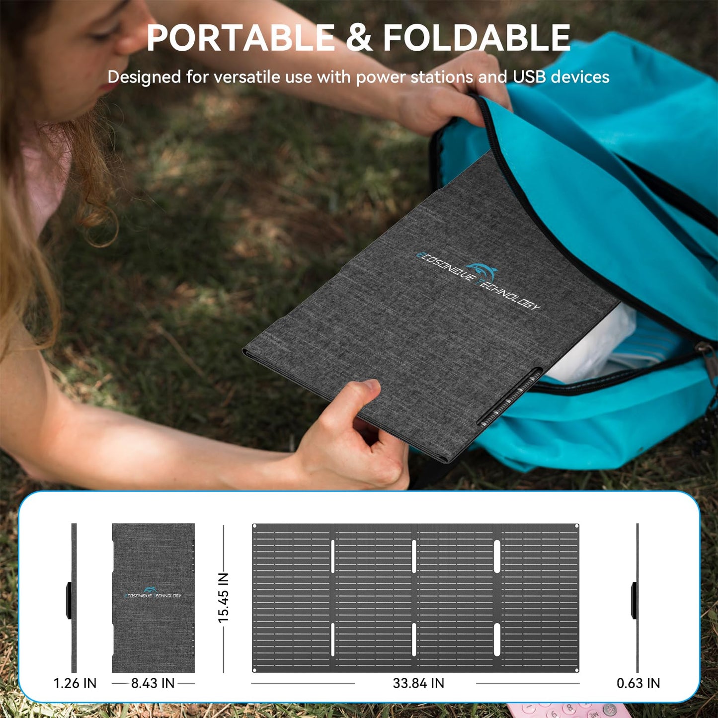 Ecosonique 60W Portable Foldable Solar Panels Charger with USB-C USB-A DC