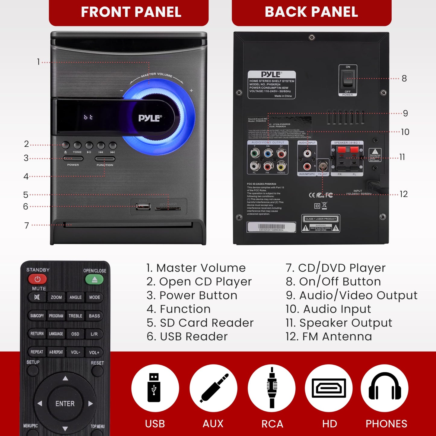 Pyle Home Stereo Shelf System – 30W Bluetooth CD Player with FM Radio, USB/SD Playback, Dual 2-Way Speakers, Remote Control, Clear Sound Audio System for Home Entertainment – (Black) PHSKR24