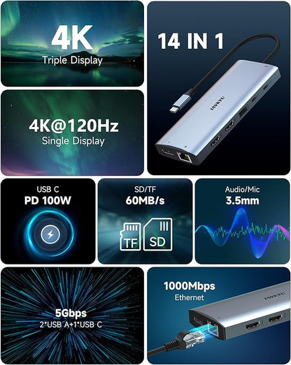 USB C Docking Station 3 Monitors 4K@60Hz, 14-in-1 Laptop Docking Station with 2 HDMI 4K@60Hz, DP 8K@30Hz/ 4K@144Hz, 3 USB 3.0, 2 USB 2.0, RJ45, Audio, PD 100W, USB-C HUB for Windows Laptop Accessories